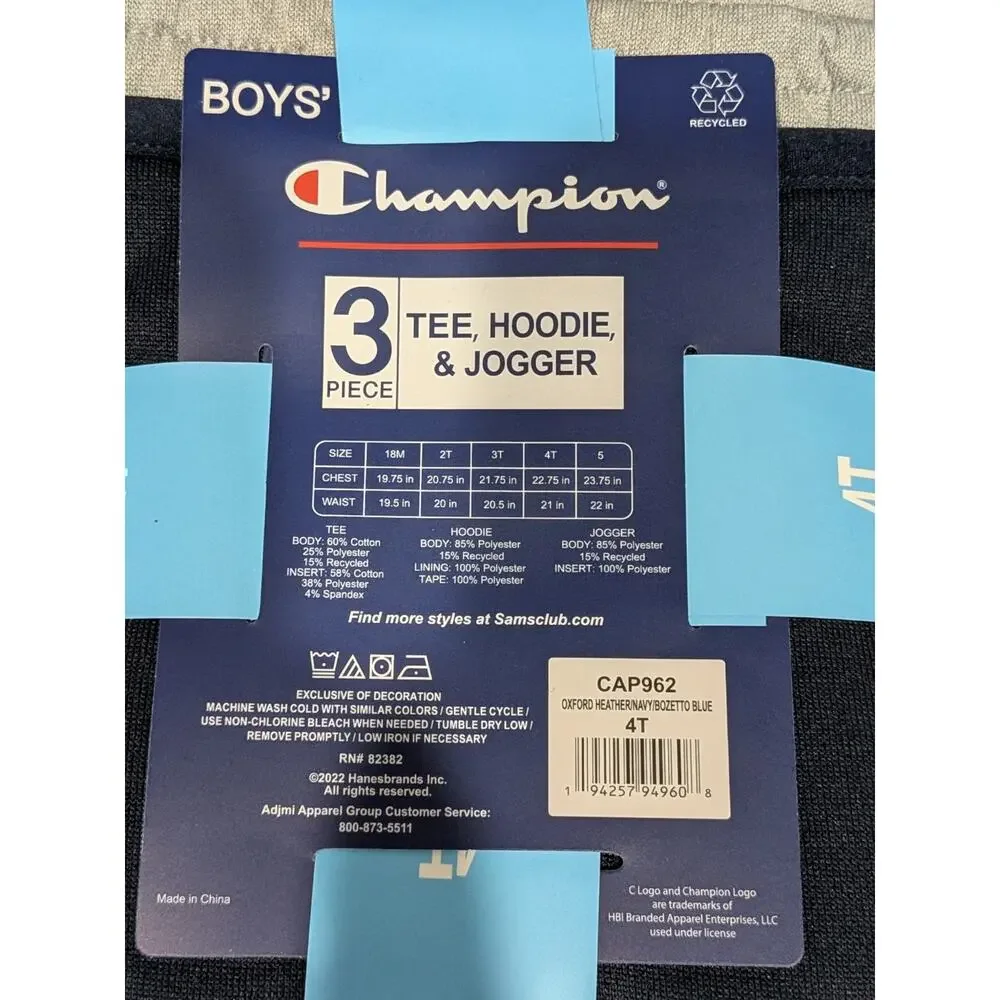 Champion Sweatsuit Boys 4T Gray Navy‎ Blue 3 Piece Joggers Zip Up Hoodie Tshirt